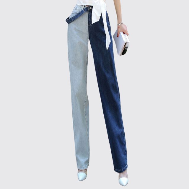Straight jeans med høy midje og kontrastfarget skjøt