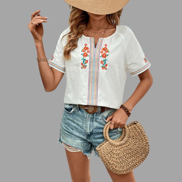 Brodert boho-skjorte med duskbesetning
