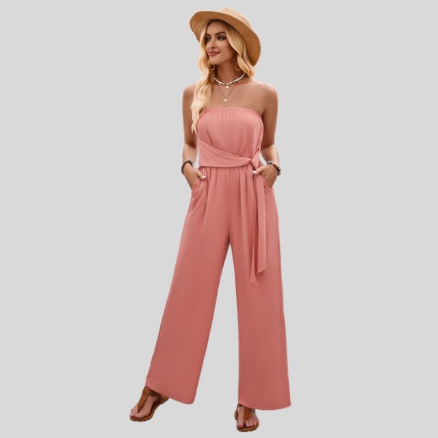 Jumpsuit uten skuldre og med bindebånd i midjen