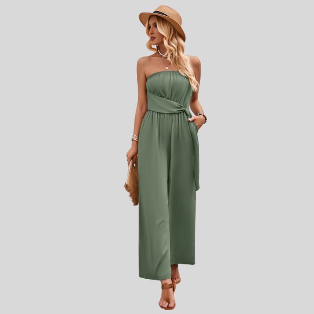 Jumpsuit uten skuldre og med bindebånd i midjen