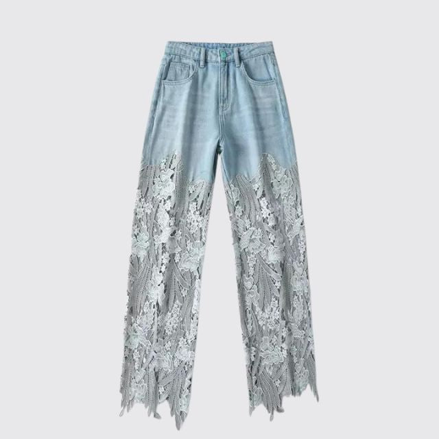 Jeansbukser med høy midje og blondedetaljer