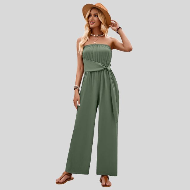 Jumpsuit uten skuldre og med bindebånd i midjen