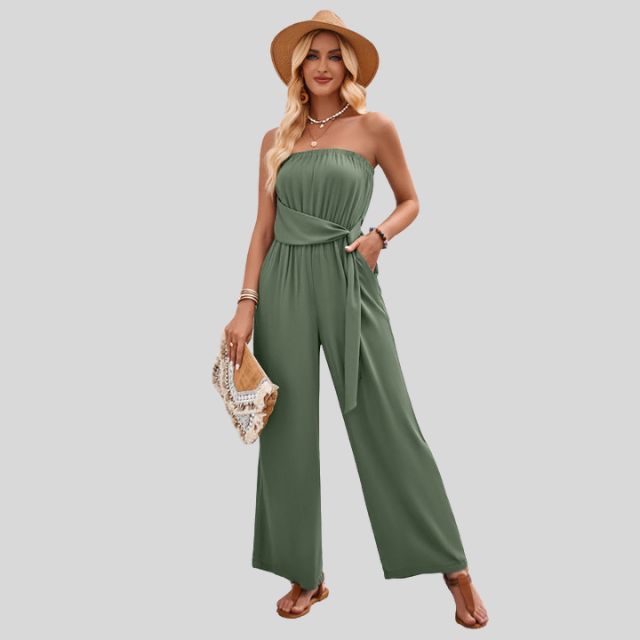 Jumpsuit uten skuldre og med bindebånd i midjen