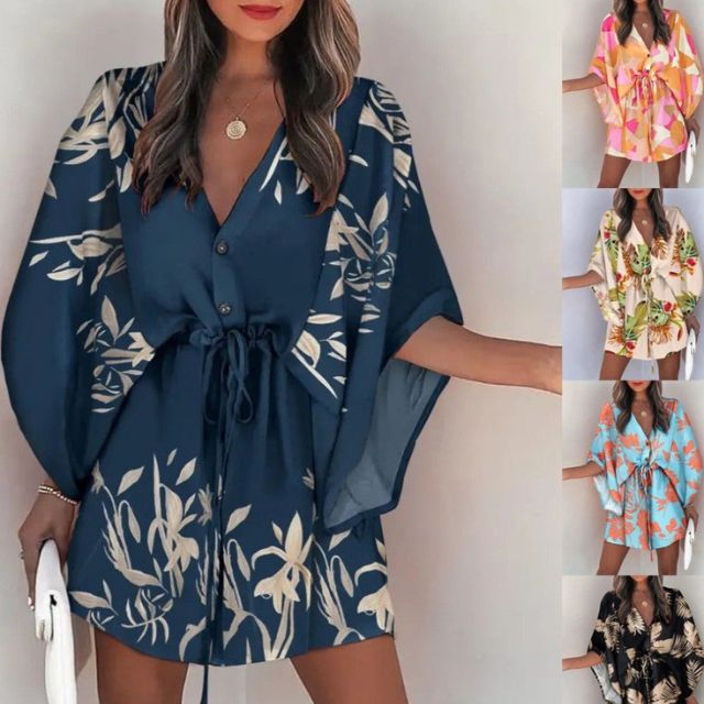 Giselle Boho skjortekjole med V-hals og blomstertrykk