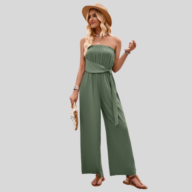 Jumpsuit uten skuldre og med bindebånd i midjen