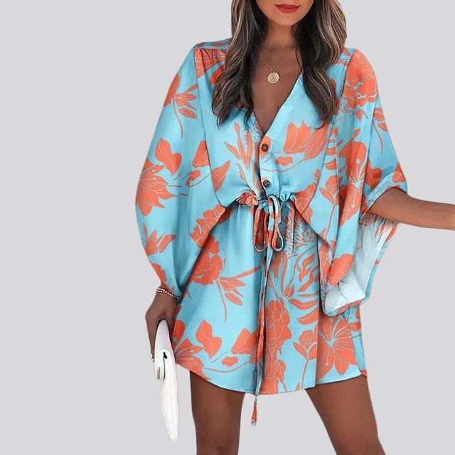 Giselle Boho skjortekjole med V-hals og blomstertrykk