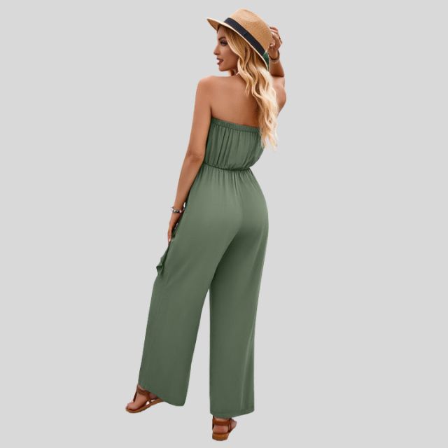 Jumpsuit uten skuldre og med bindebånd i midjen