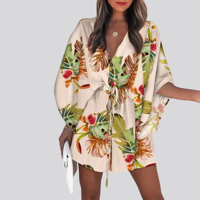 Giselle Boho skjortekjole med V-hals og blomstertrykk