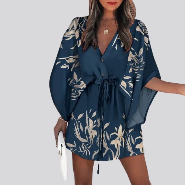 Giselle Boho skjortekjole med V-hals og blomstertrykk