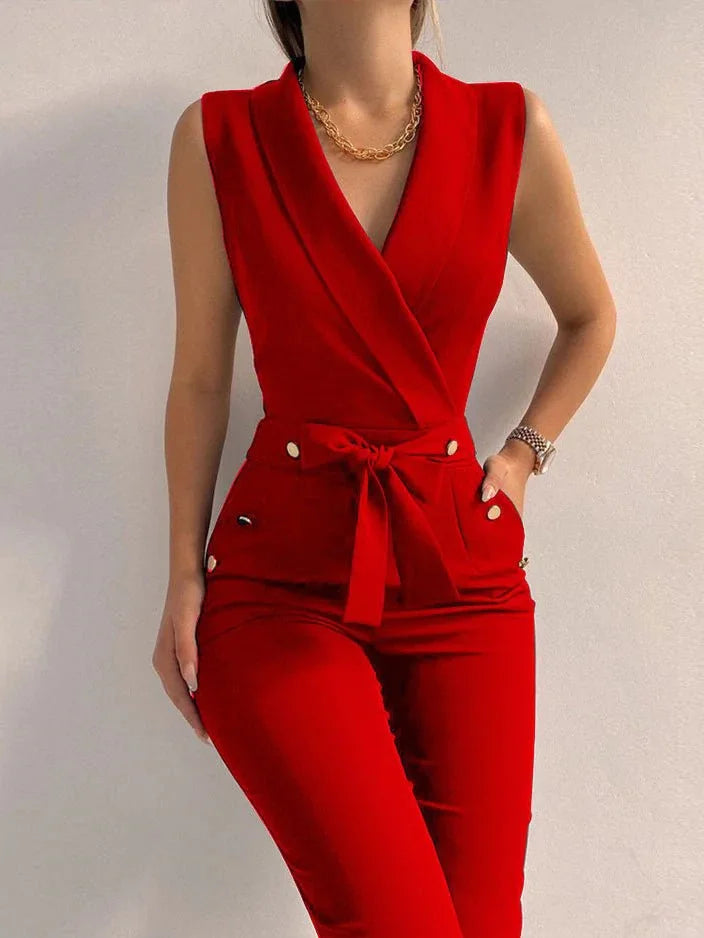 Ermeløs, ensfarget jumpsuit med V-hals og snøring
