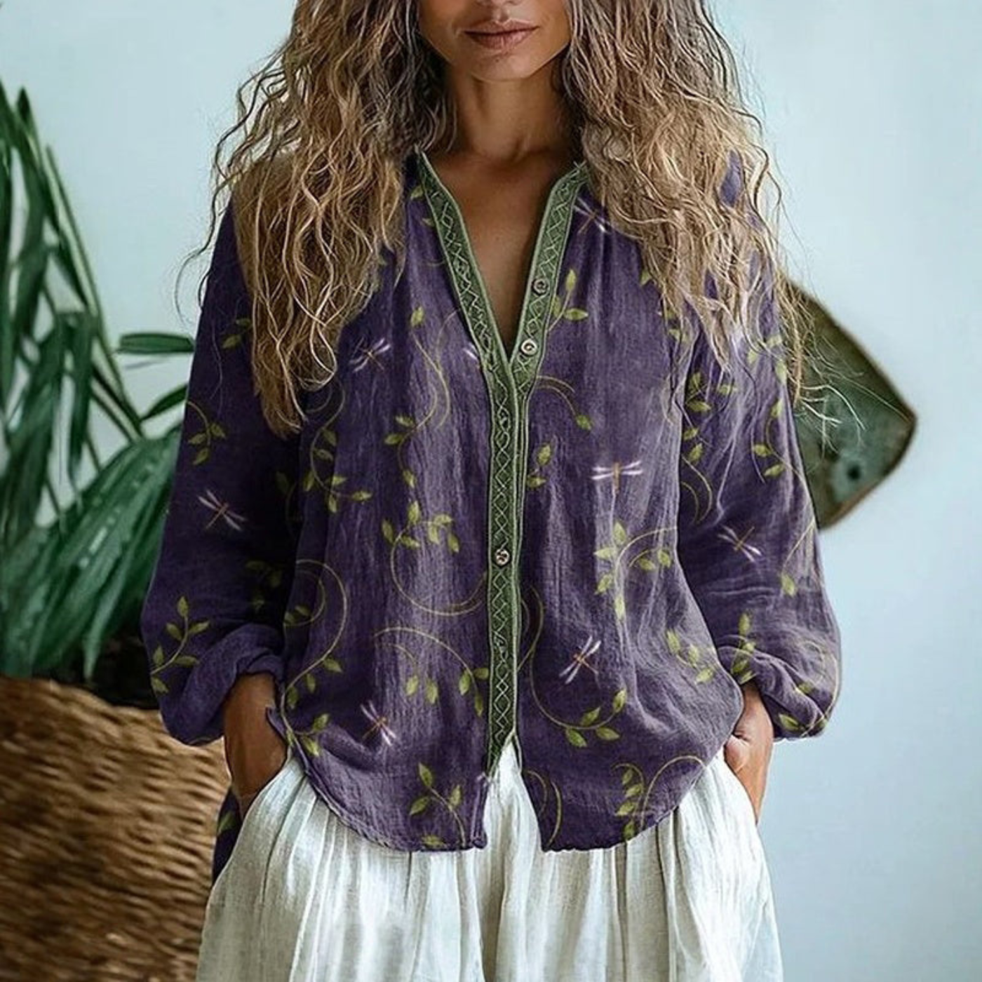 Wena | Langermet bluse i lin med knappefront – Lilla