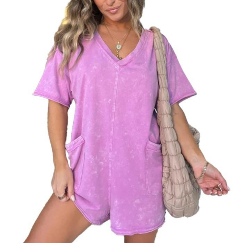Willa | Kortermet playsuit i vasket bomull med V-hals