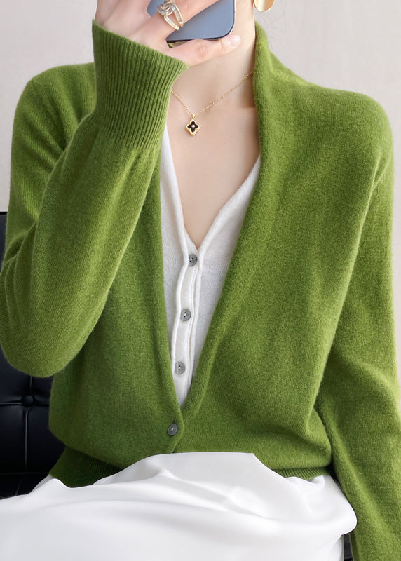 Kvinner Grønn V-hals Button Patchwork Wool Knit Top Fall