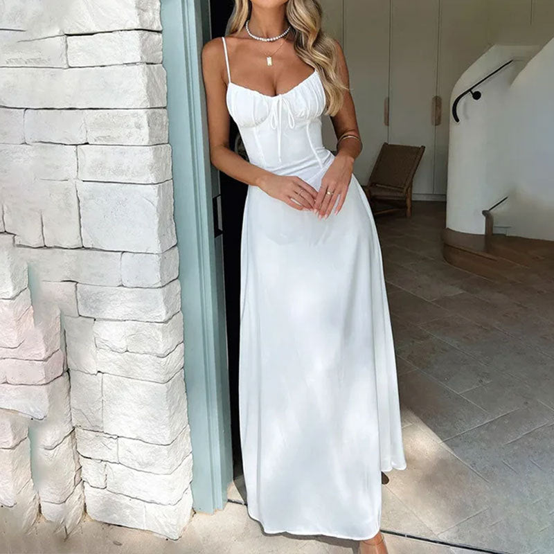 Ermeløs og Rynket Bodice Bryllupsgjest Maxi Kjole