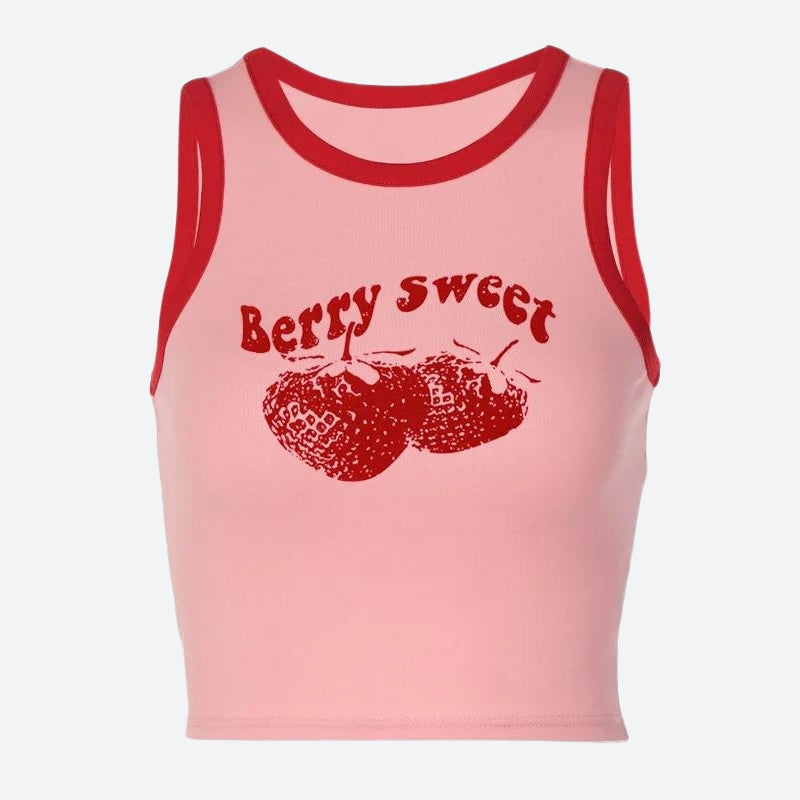 Berry Sweet grafisk crop top med kontrastfarget kant