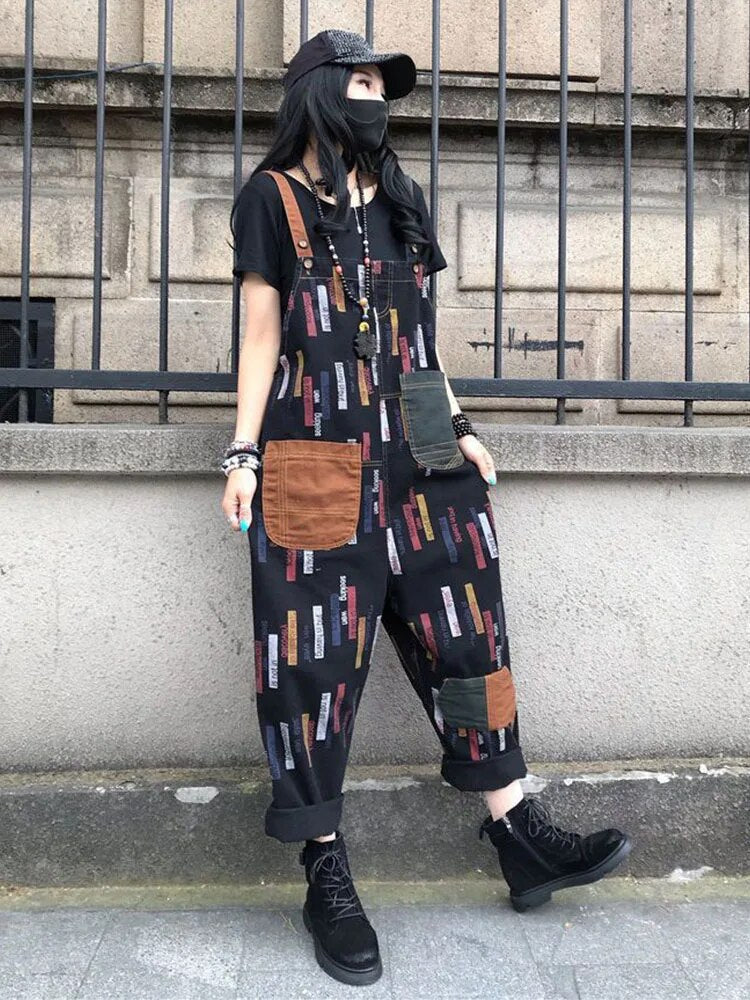 Flerfarget lappeteppet denimjumpsuit for kvinner
