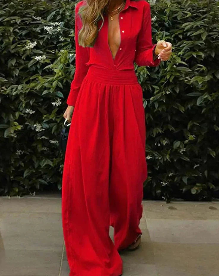 Lang vintage jumpsuit med strikk i midjen