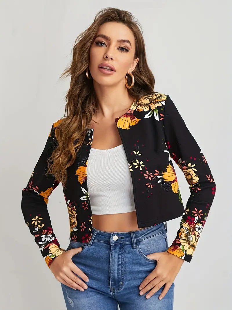 Elegant, enkel blazer med åpen front og blomster