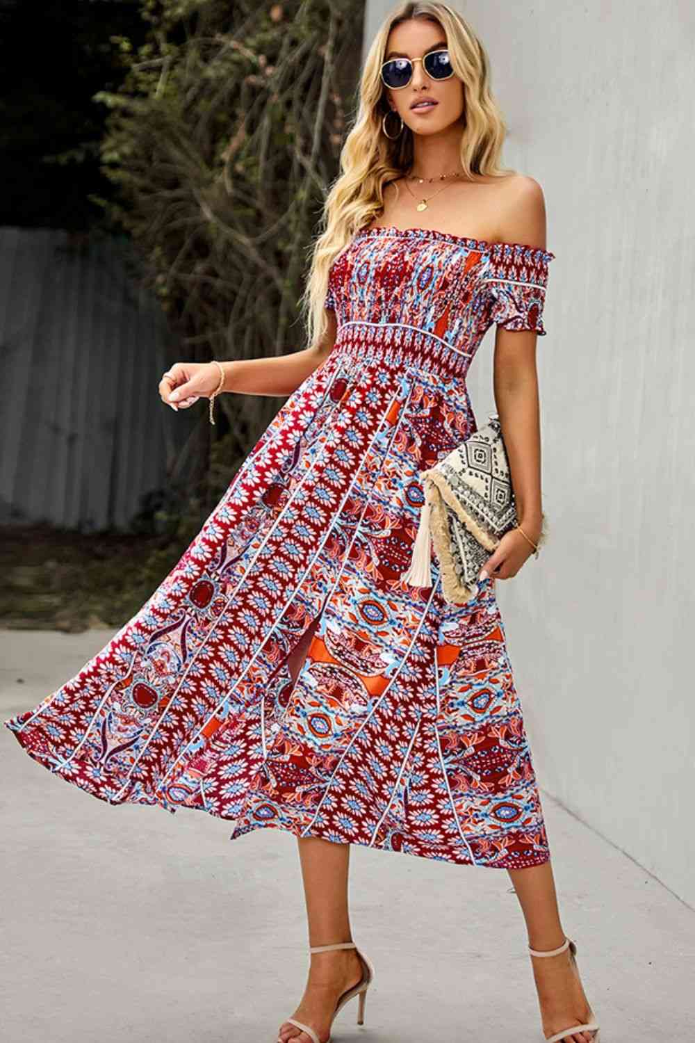 Bohemsk Off-Shoulder Frill Trim Split Kjole