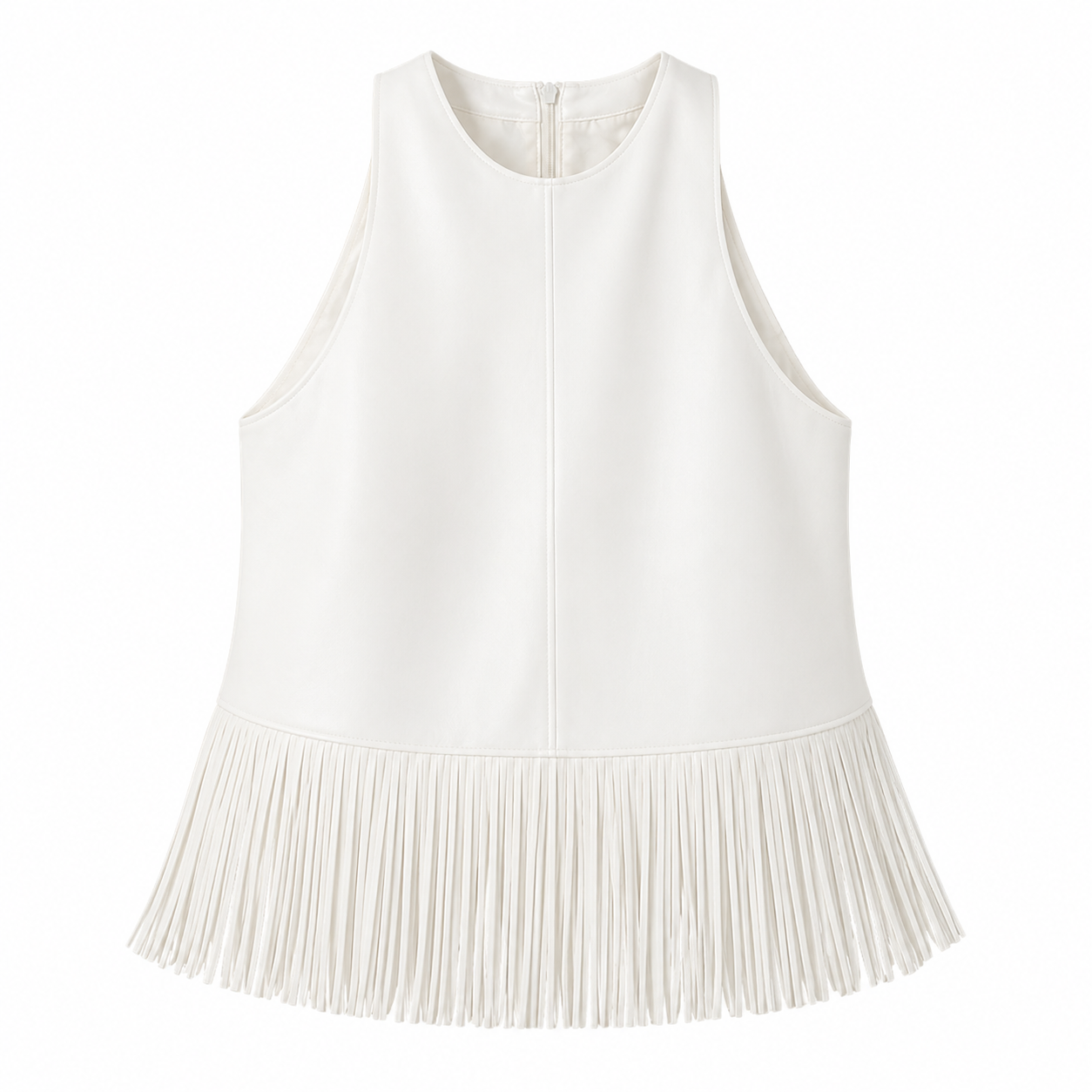 Halter Topp i Faux Skinn – Fringe & Backless Design