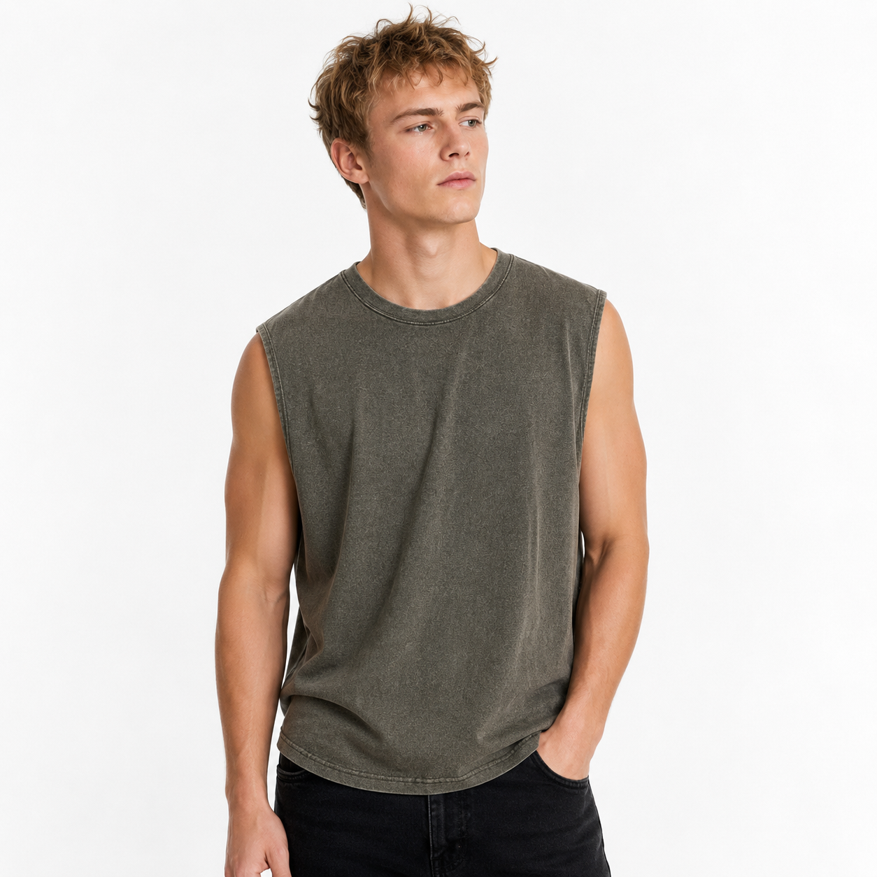 Vasket Bomulls Tank Top til Herre – Ermeløs Trenings- og Sommertopp