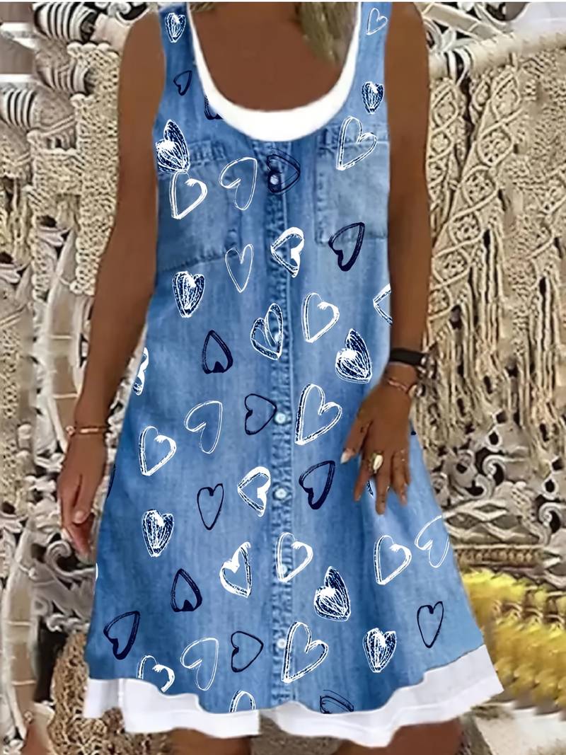 Printet denimkjole