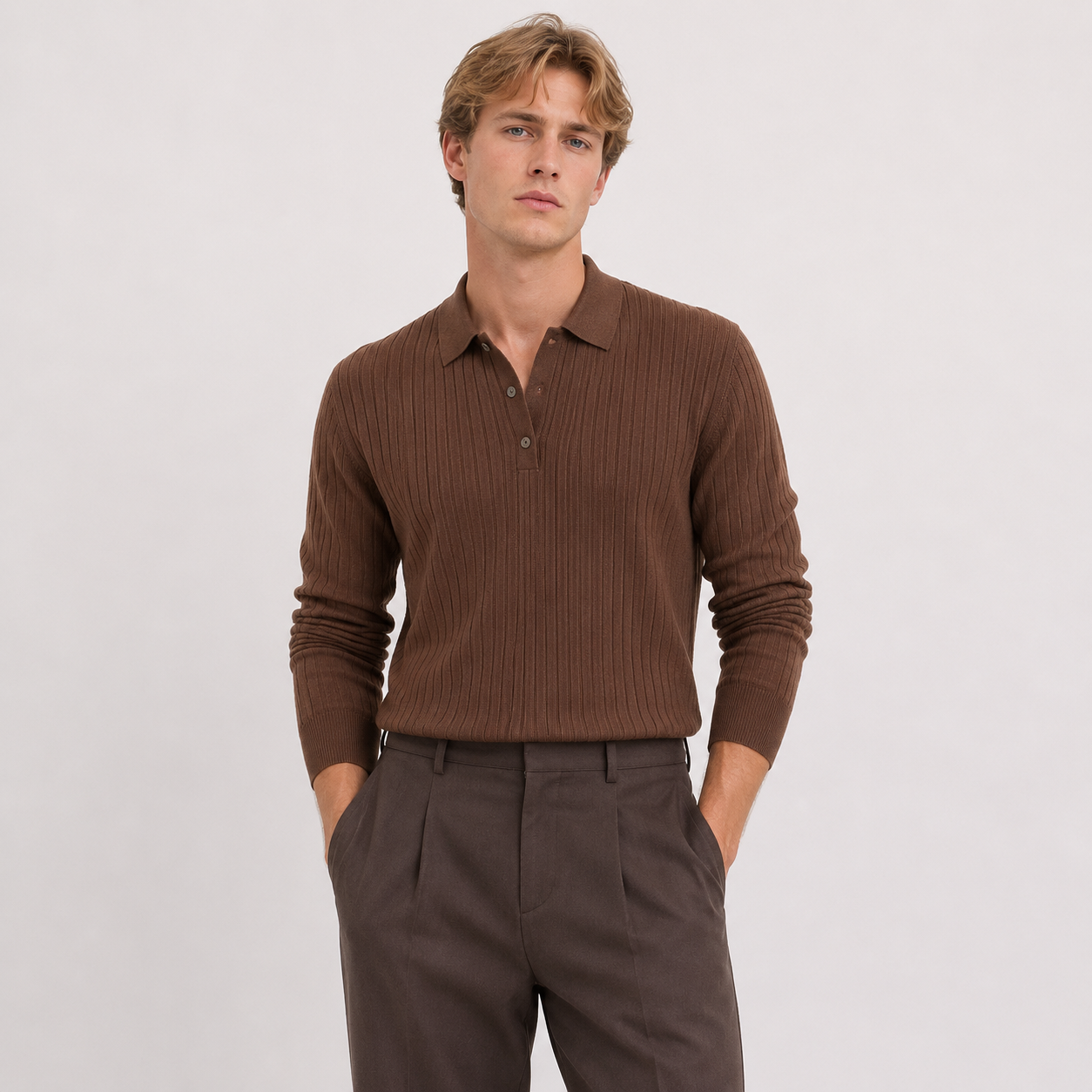 Stripet Polo Genser til Herre – Strikket Langermet Pullover med Slim Fit