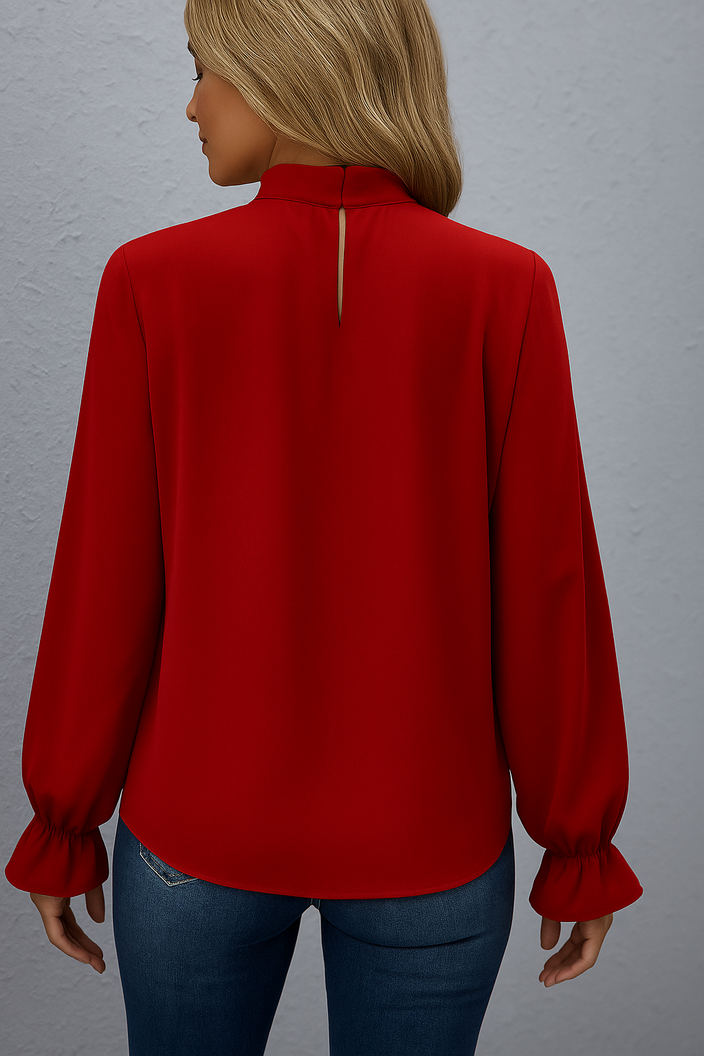 Bluse med lange ermer og knytning i halsen