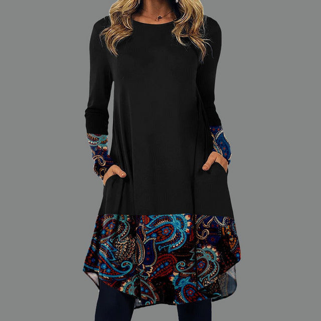 Kjole i vintagestil med print i midjen
