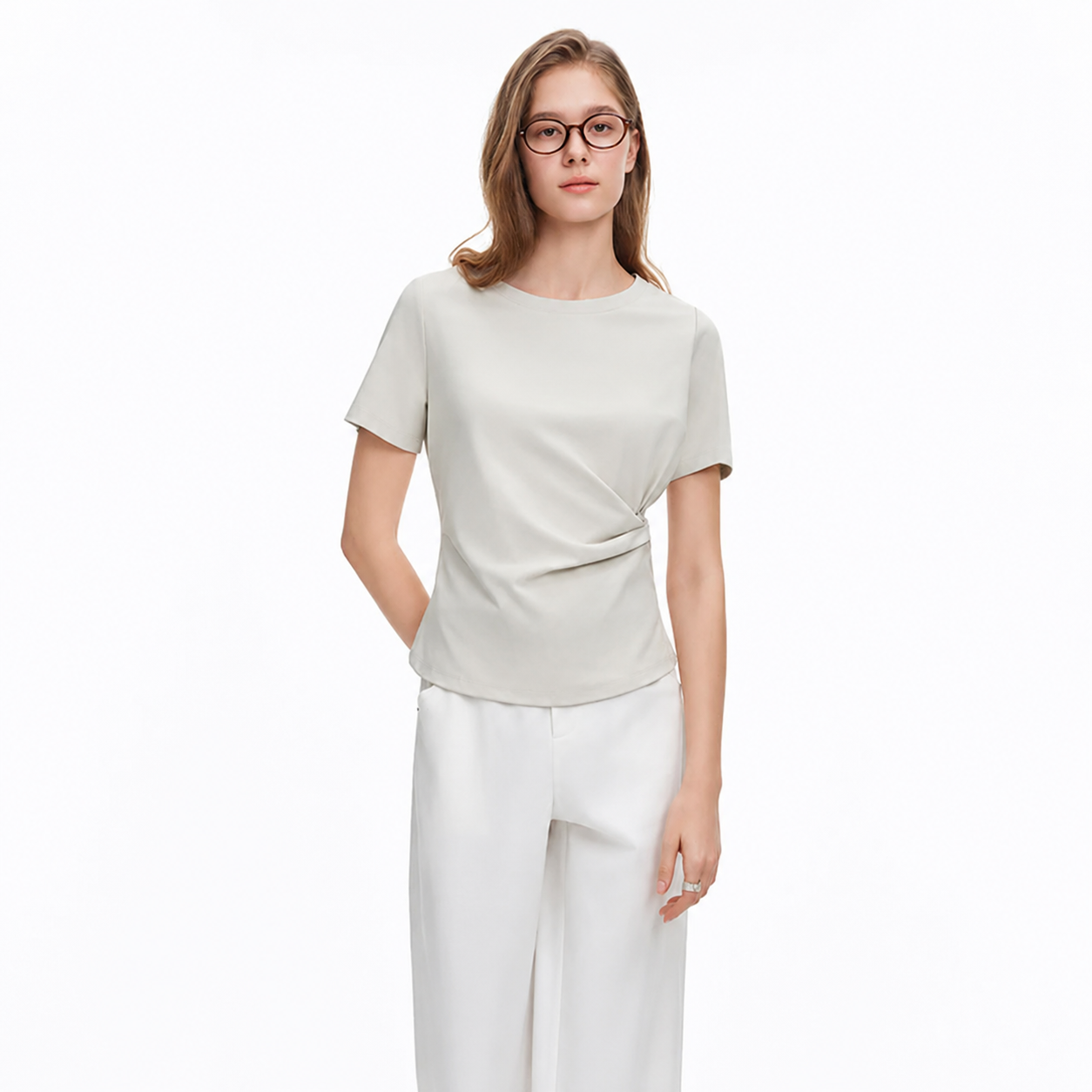 Asymmetrisk T-skjorte til Dame – Waist-Cinching Topp med Cut-out Detaljer – Lysgrå