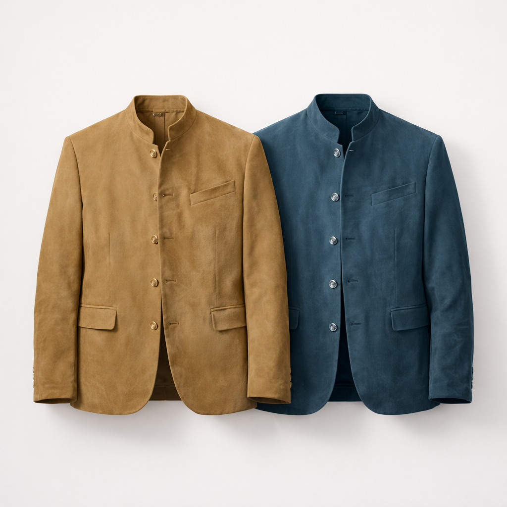 Semsket Blazer for Herre – Elegant Ensfarget Jakke med Knapper | Perfekt til Høst og Vinter (Copy) – Beige + Blå