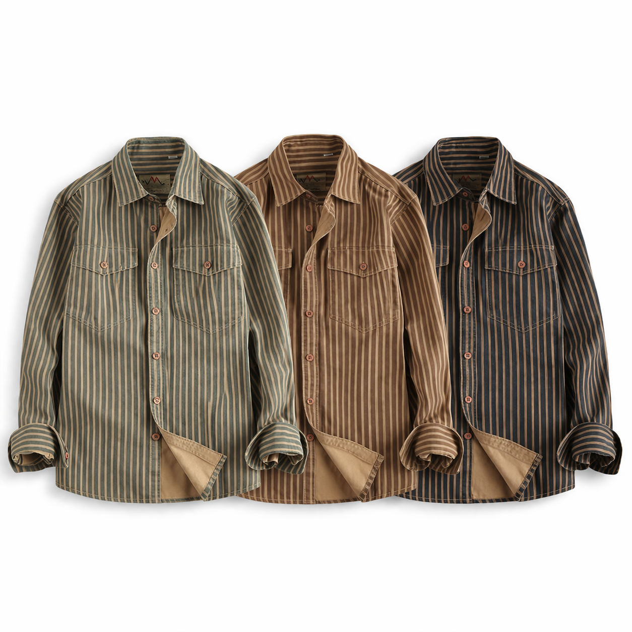 Retro Stripet Skjorte for Menn – Amerikansk Vasket Look med Lommer | Casual Langermet Skjorte for Høst og Vinter 2025 (Copy) – Grønn stripet + Khaki stripet + Blå stripet