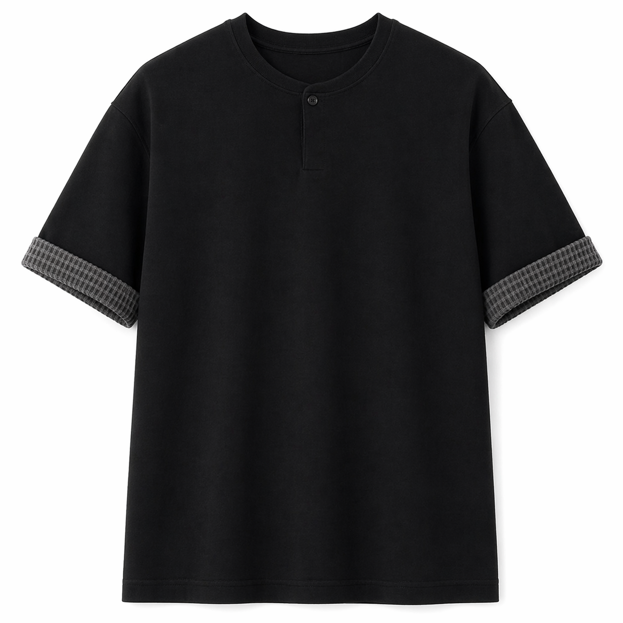 Kraftig Henley T-skjorte til Herre – 260g med Rutete Detaljer & Løs Passform