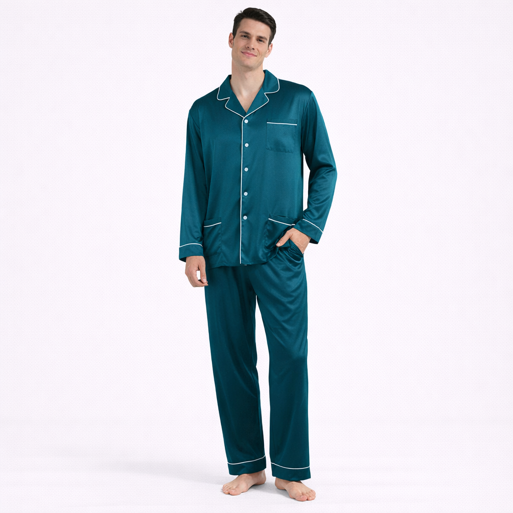 Eksklusivt Pysjsett for Menn i 100 % Ekte Silke – 25 Momme Sateng | Langermet Luksus Nattøy og Loungewear til Sommer og Høst