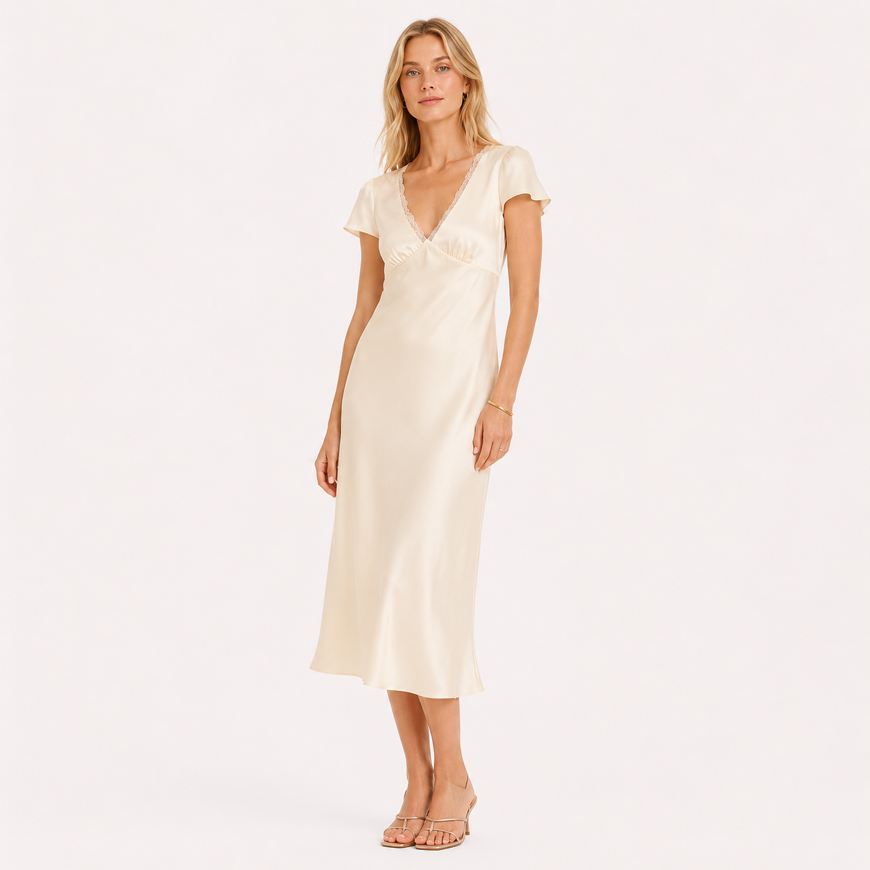 Sateng Midi Kjole til Dame – Elegant Kjole med Blonder og V-Hals – Beige