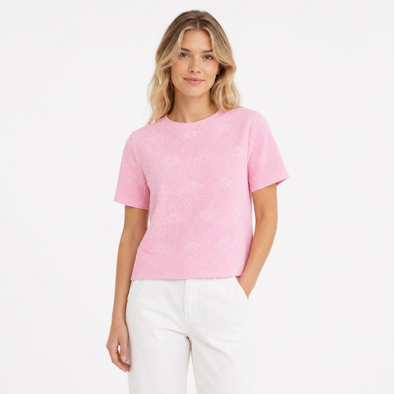 Rosa Strikket Topp til Dame – Floral Jacquard med Mock Neck og Slim Fit – Rosa T-skjorte