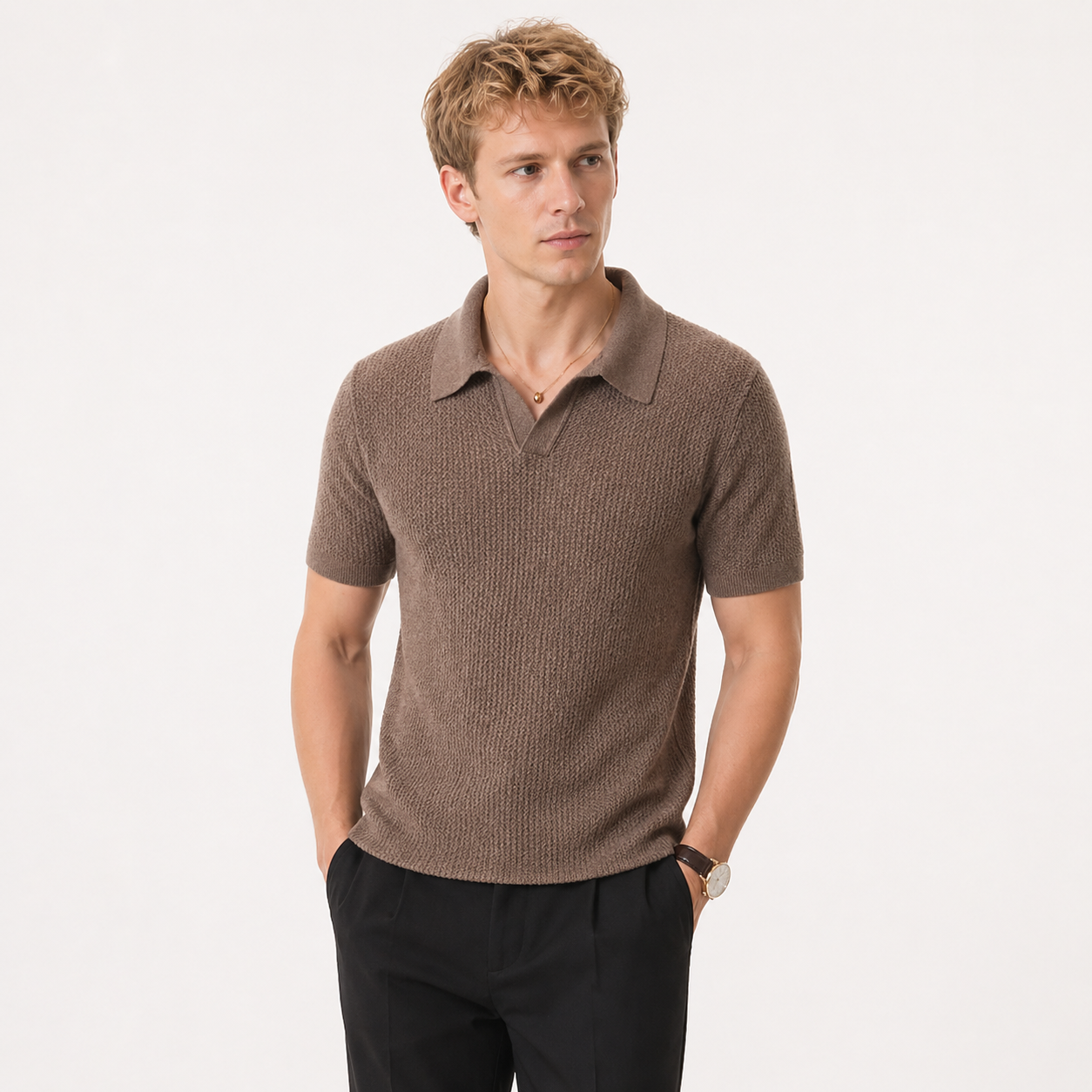 Strikket Polo T-skjorte til Herre – Hollow Design & Slim Fit