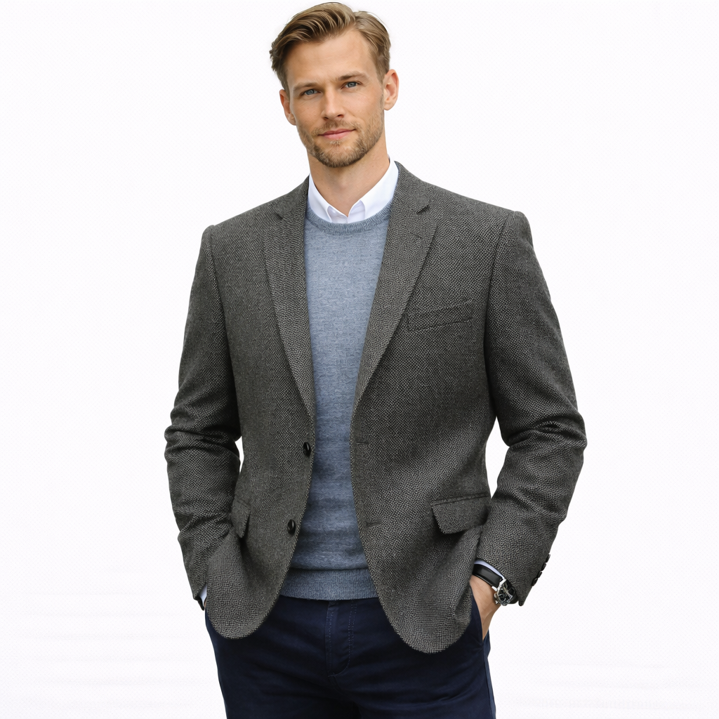 Herreblazer i Fiskebensmønster – Lett Slim Fit Dressjakke | Elegant Enkeltstående Blazer til Bryllup, Fest og Business – Grå