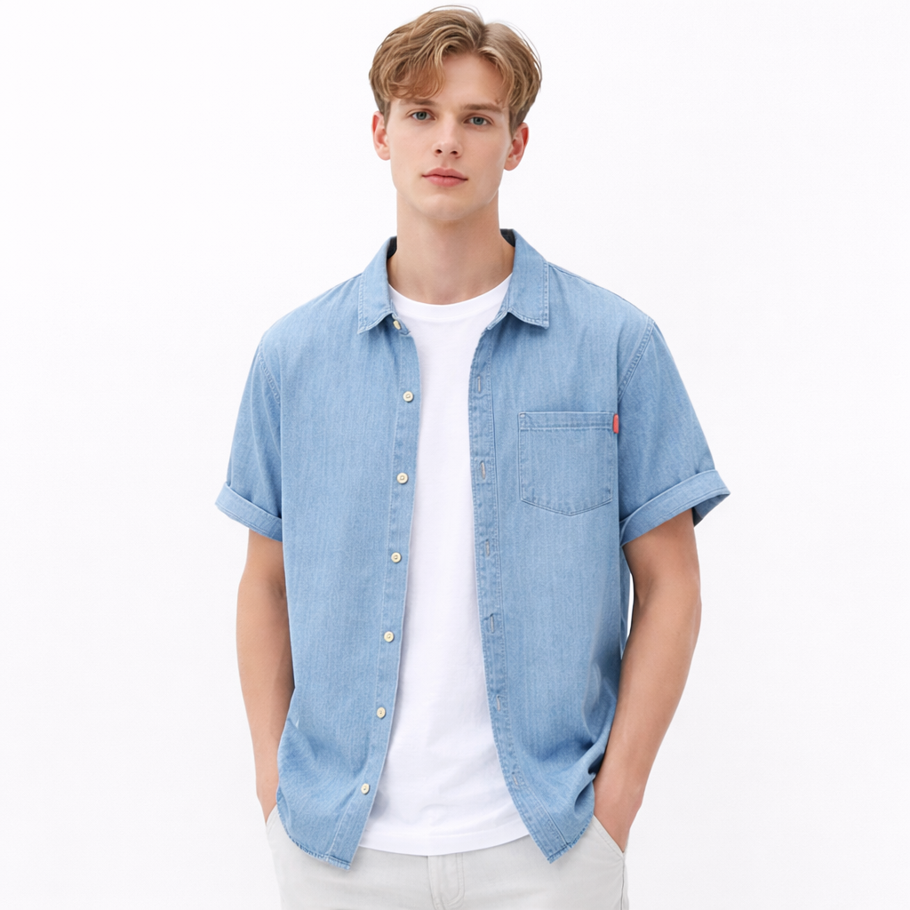 Denimskjorte til Herre – Lett & Kortermet Sommerstil – Lyseblå