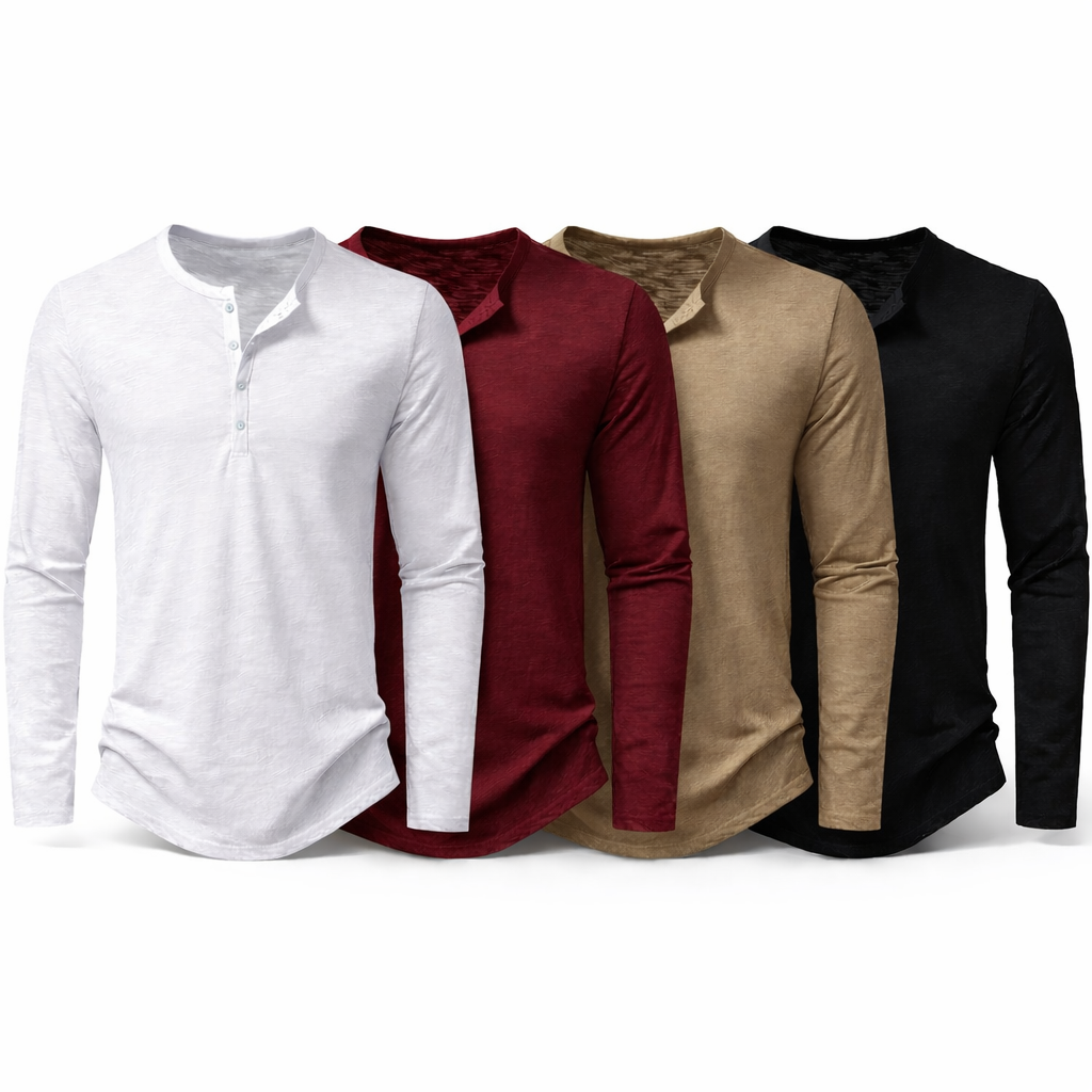 Herre Henley T-skjorte i Bomull – Langermet & Pustende | Casual Basisgenser med Knapper Pakke