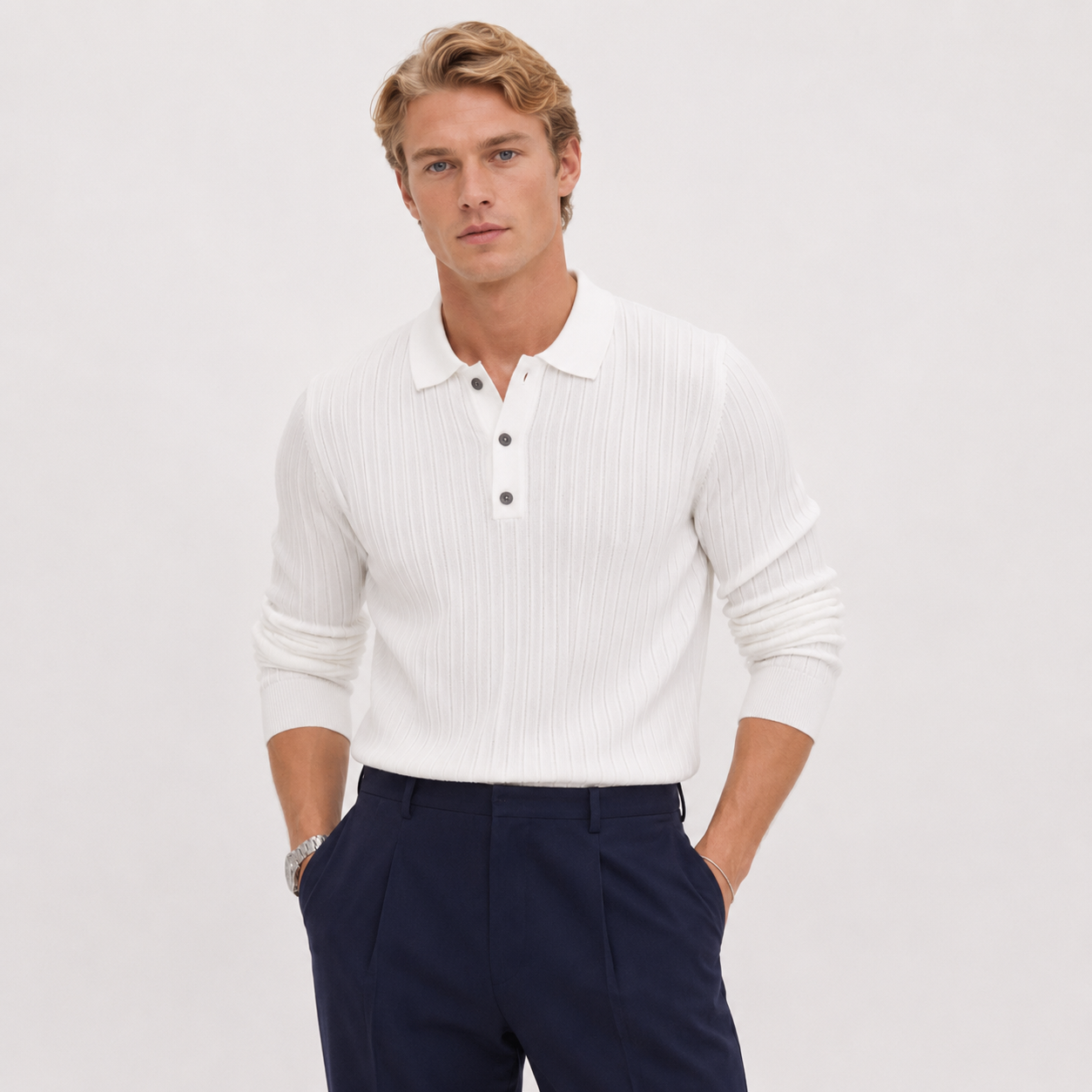 Stripet Polo Genser til Herre – Strikket Langermet Pullover med Slim Fit