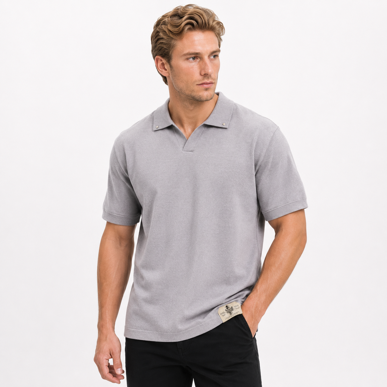 Vintage Polo til Herre – Løs Kortermet Sommertopp med Seagull Collar – Avokadofarge