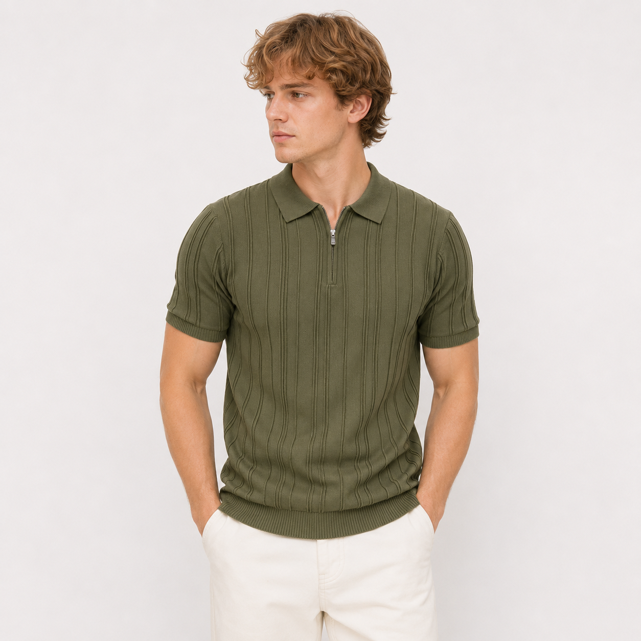 Strikket Polo med Glidelås til Herre – Vintage Jacquard Sommertopp – Grønn