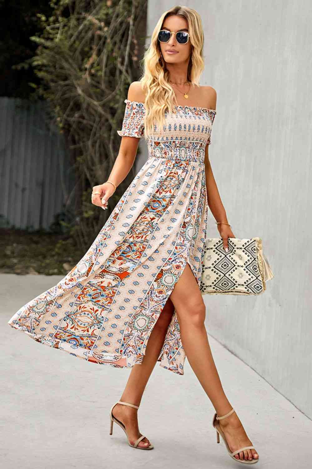 Bohemsk Off-Shoulder Frill Trim Split Kjole