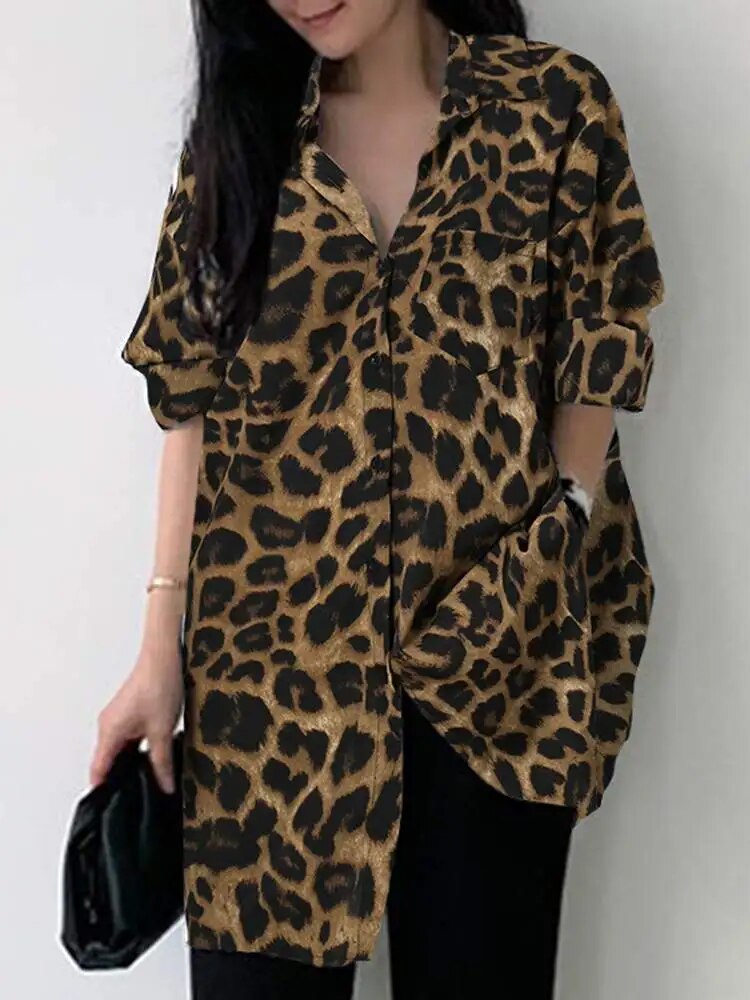 Ledig bluse med leopardmønster og lange ermer for kvinner