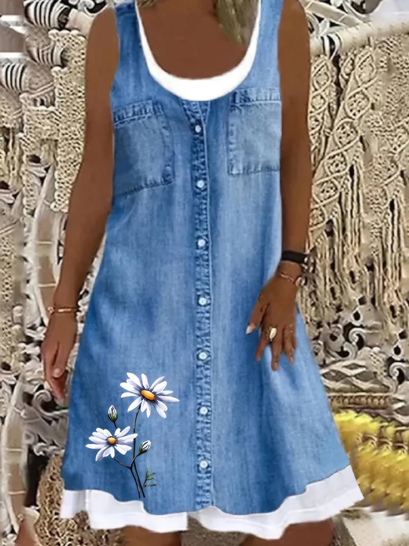 Printet denimkjole