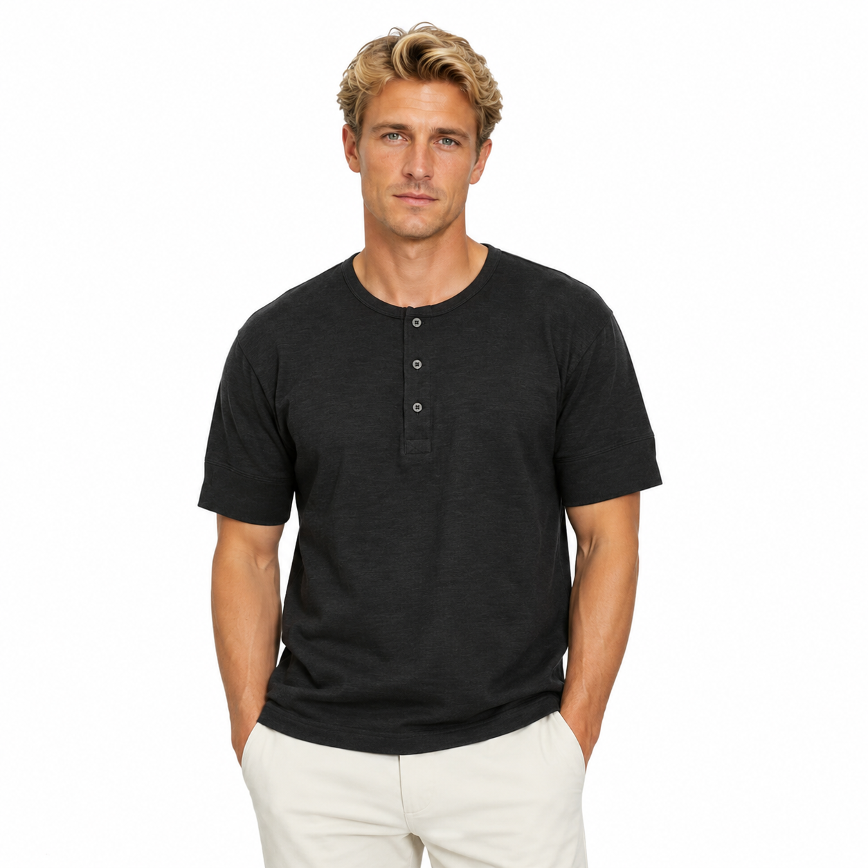 Loopwheel Henley T-skjorte til Herre – 300g Slub Bomull Vintage Stil – Mørk Grå