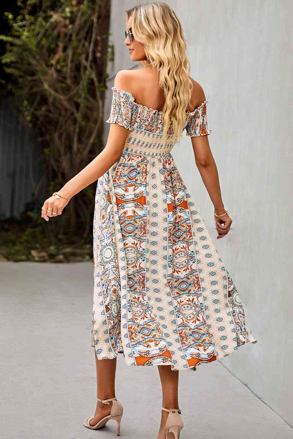 Bohemsk Off-Shoulder Frill Trim Split Kjole