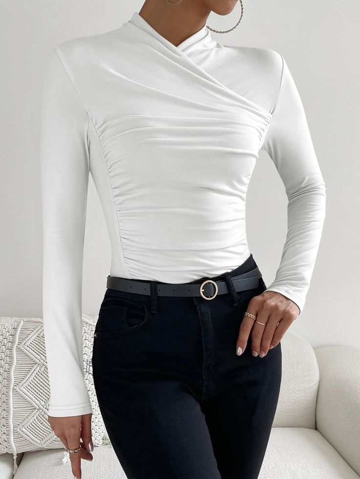 Sexy, langermede, ensfarget hvit topp