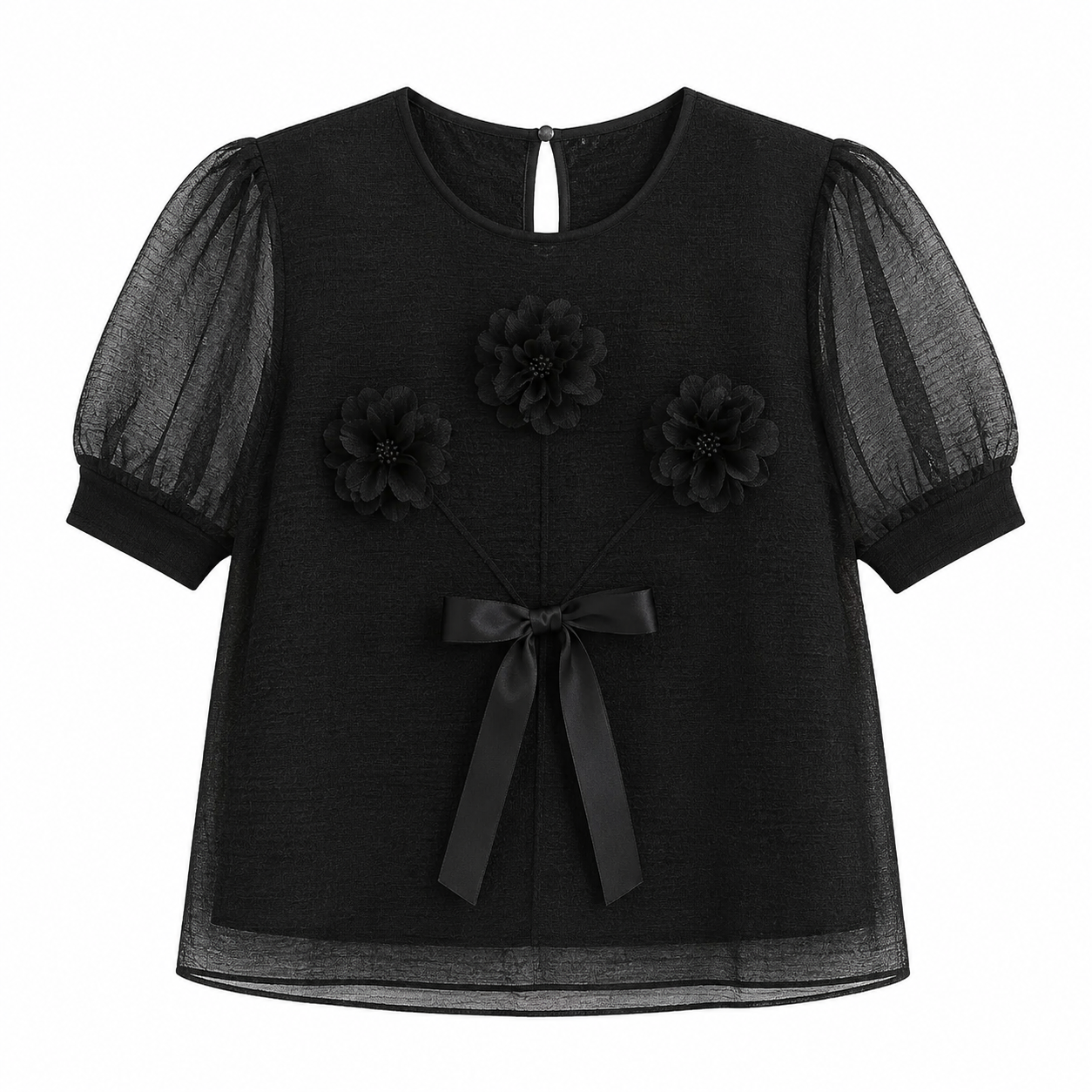 Plissert Topp til Dame med Organza Pufferm – Elegant 3D-Blomster Sommertopp